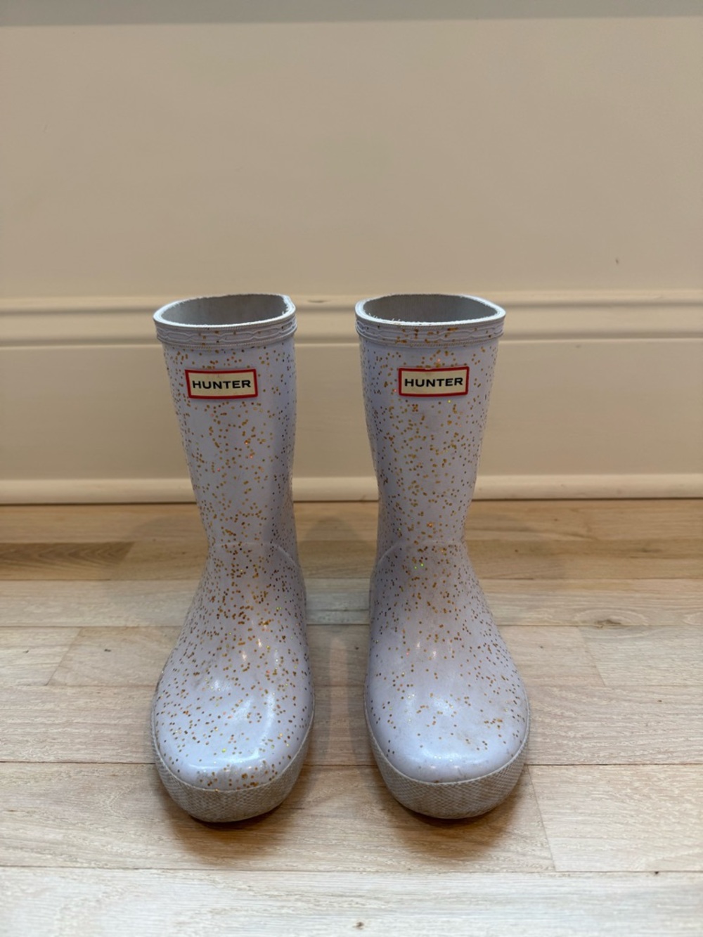 Hunter Kids White Rain Boots with Gold Glitter